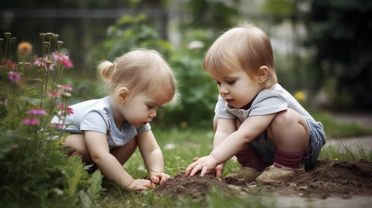 Kleine Kinder spielen zusammen im Garten